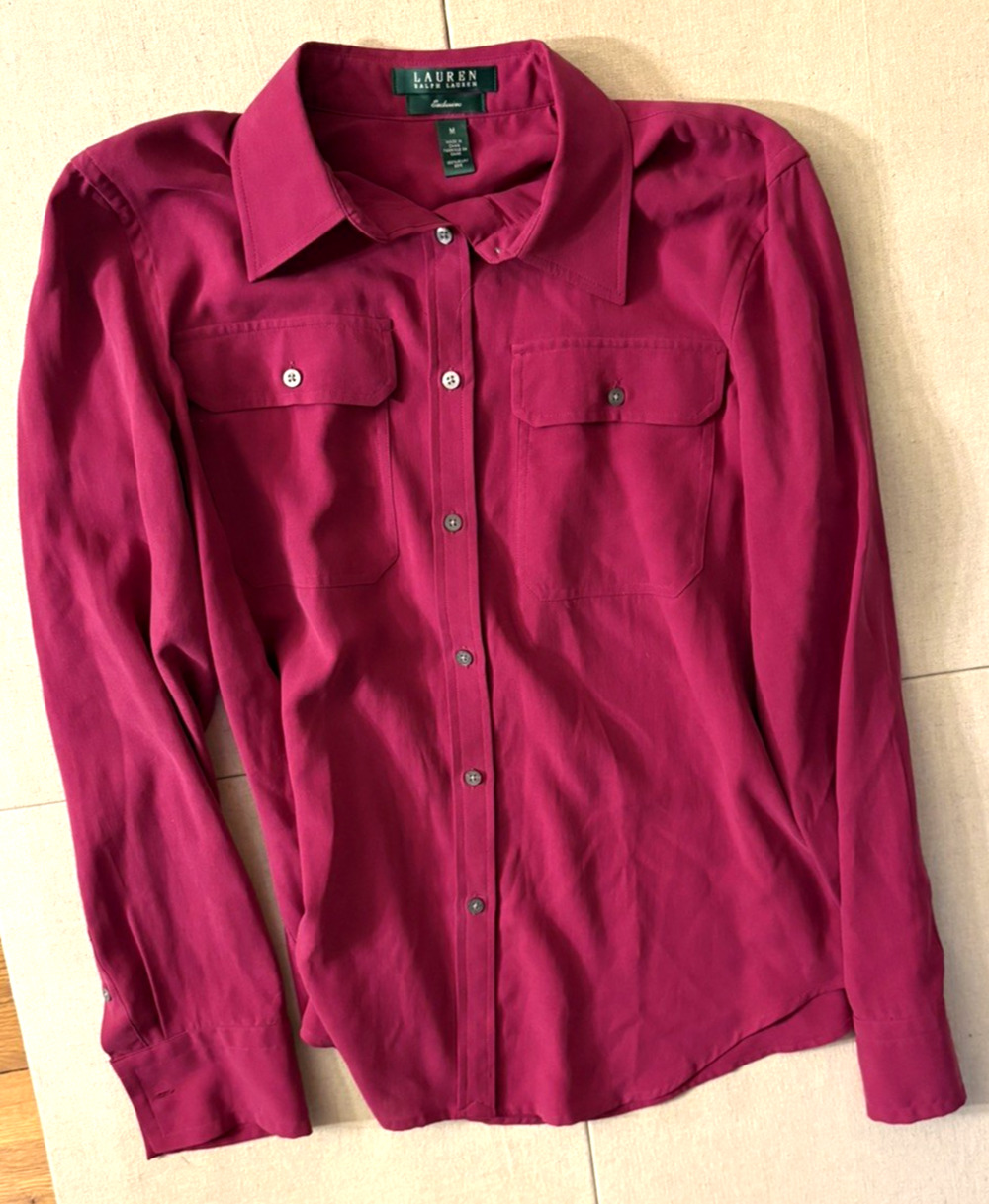 Ralph Lauren 100% Silk Ladies Casual Button-Down Shirt, size M, Burgundy